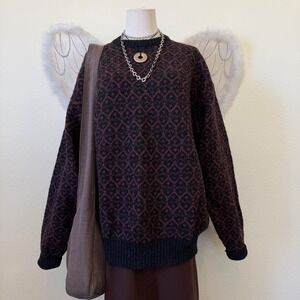 90s Wool Geometric Pattern Knit Granpa Sweater Brown Granola Girl Dad Academia